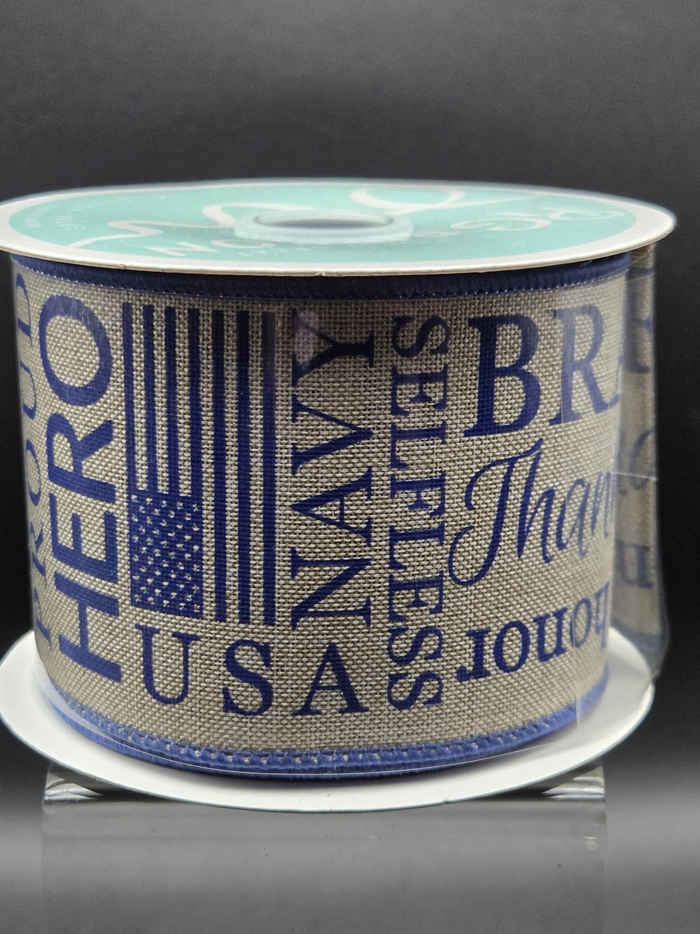 Patriotic 'Navy Hero' Wired Burlap Ribbon In Dark Blue and Natural 10 Yards NWT